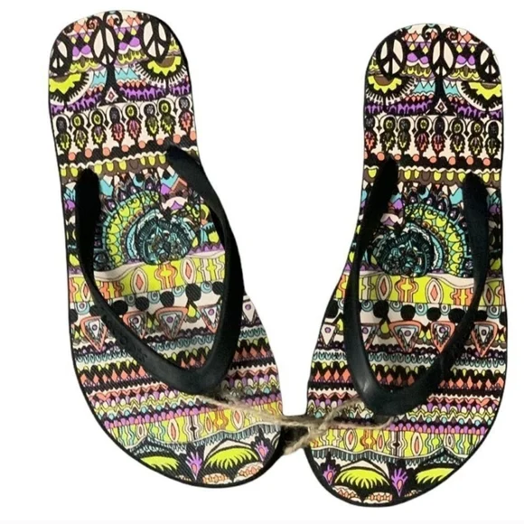 Sakroots Neon One World Encore Flip Flops Sandals - Picture 1 of 11
